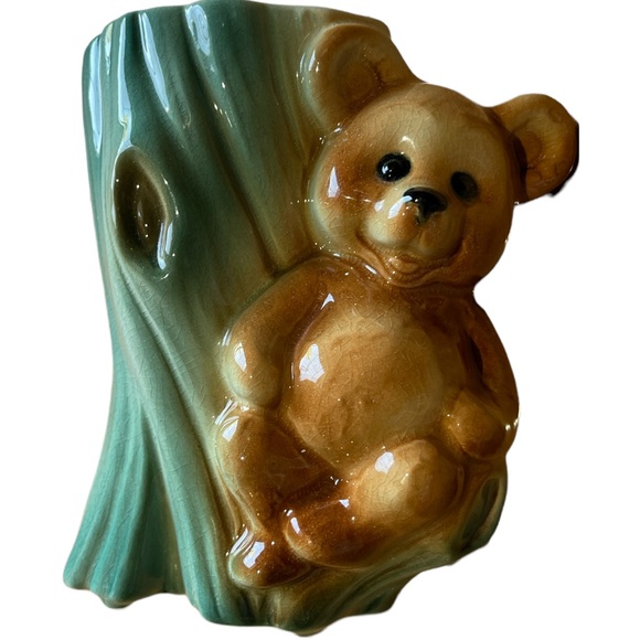 Royal Copley Vintage Bear Planter, Ceramic Tree Stump and Bear Vase, Brown - Picture 2 of 7